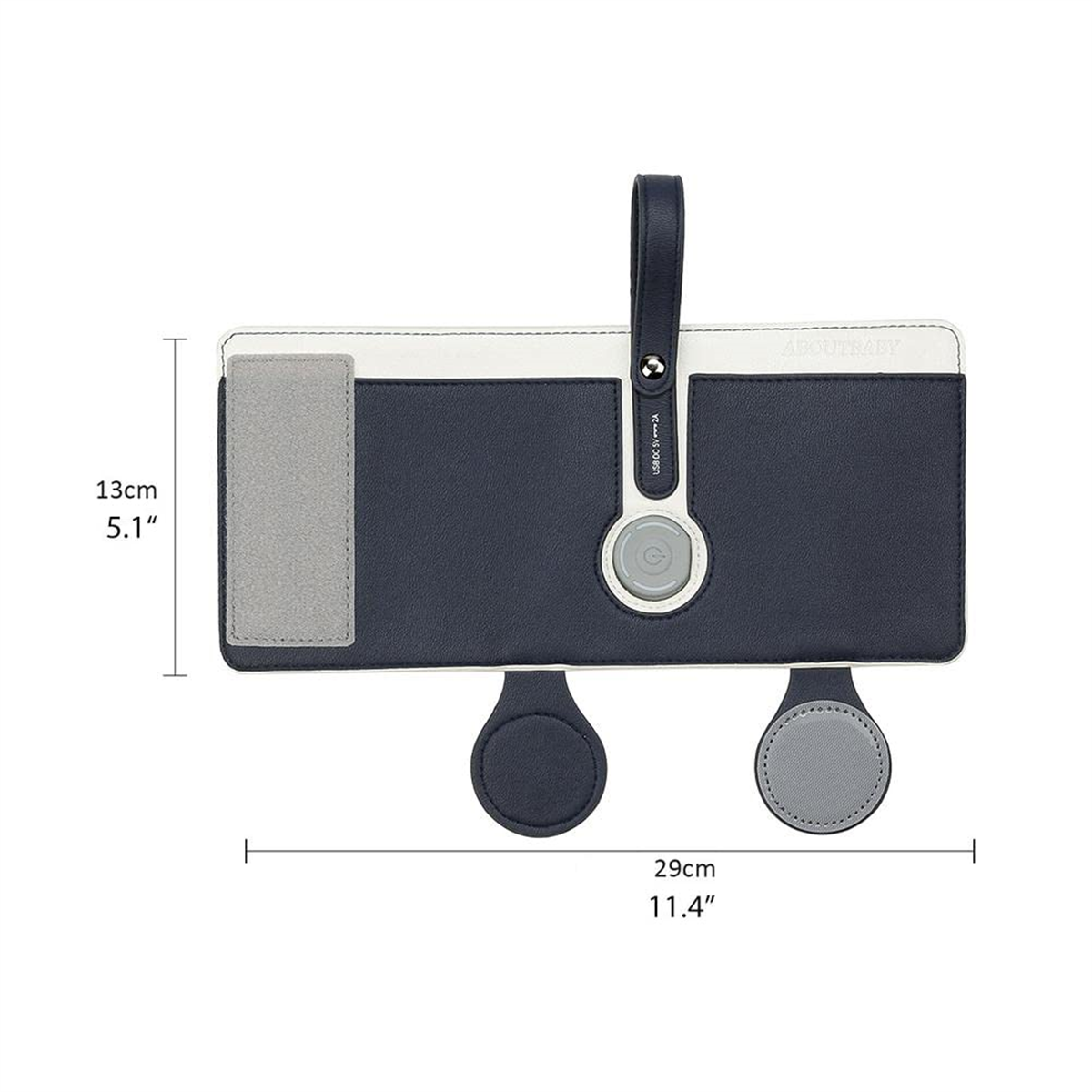 Marineblauer und weißer Baby-Organizer mit Griff, zwei Kreisen und den Maßen 13 cm und 29 cm.