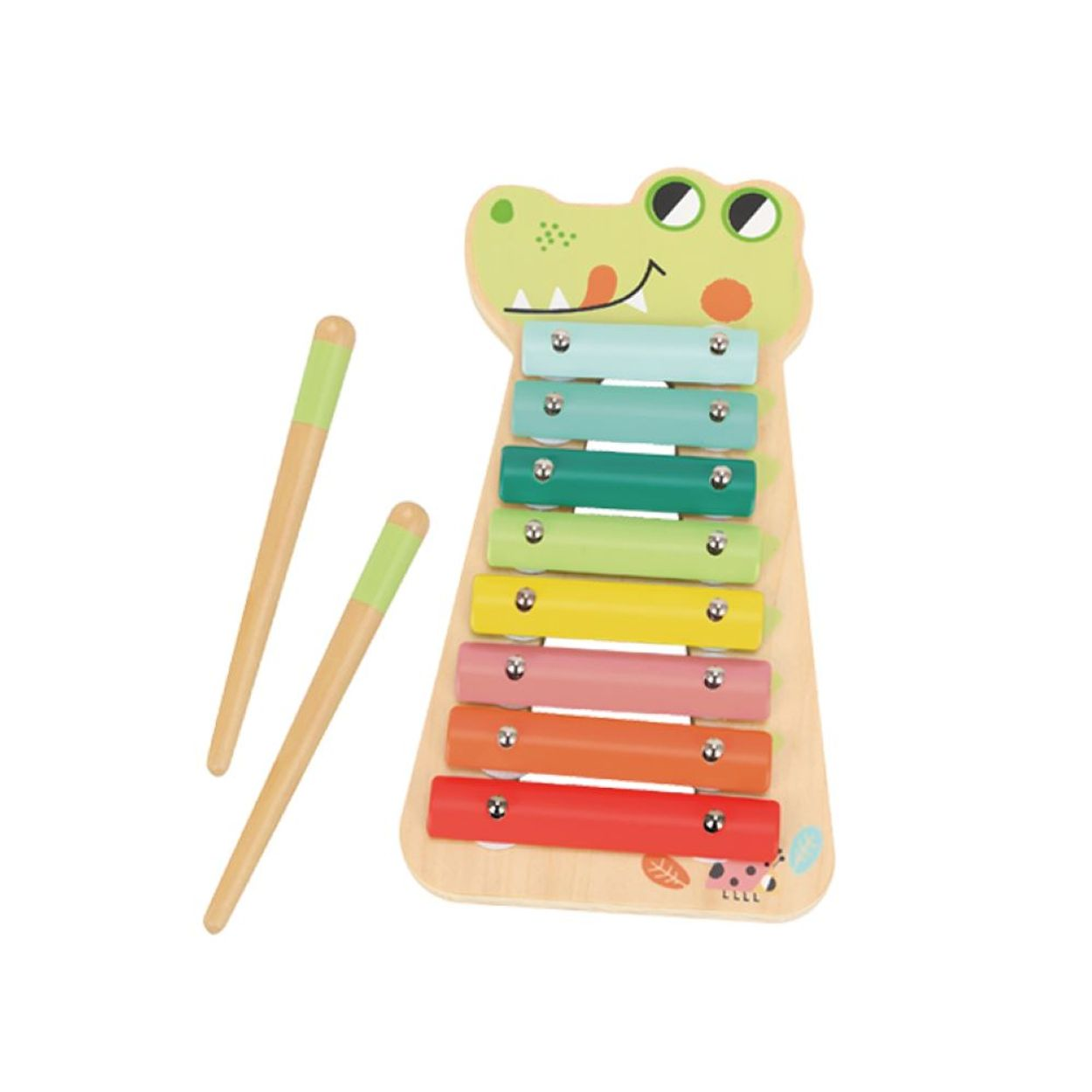 Holz-Xylophon-Spielzeug mit Krokodilkopf-Design, mit zwei grünspitzigen Schlägeln.