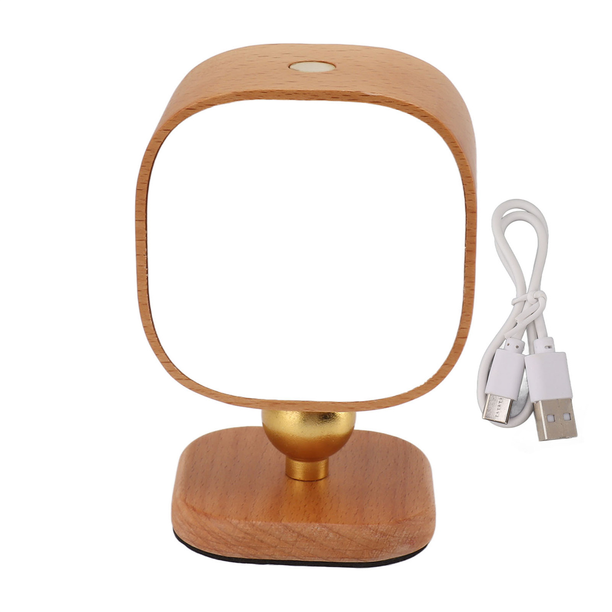 Holzlampe mit quadratischem Lichtrahmen, goldfarbenem Sockel und weißem USB-Kabel.