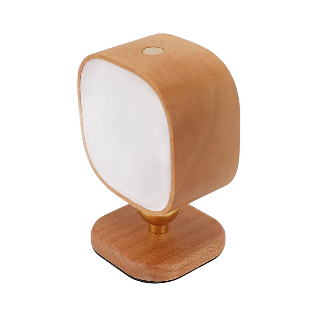 Quadratische Holzlampe mit weißem Licht. Brauner Sockel und weißer Hintergrund.