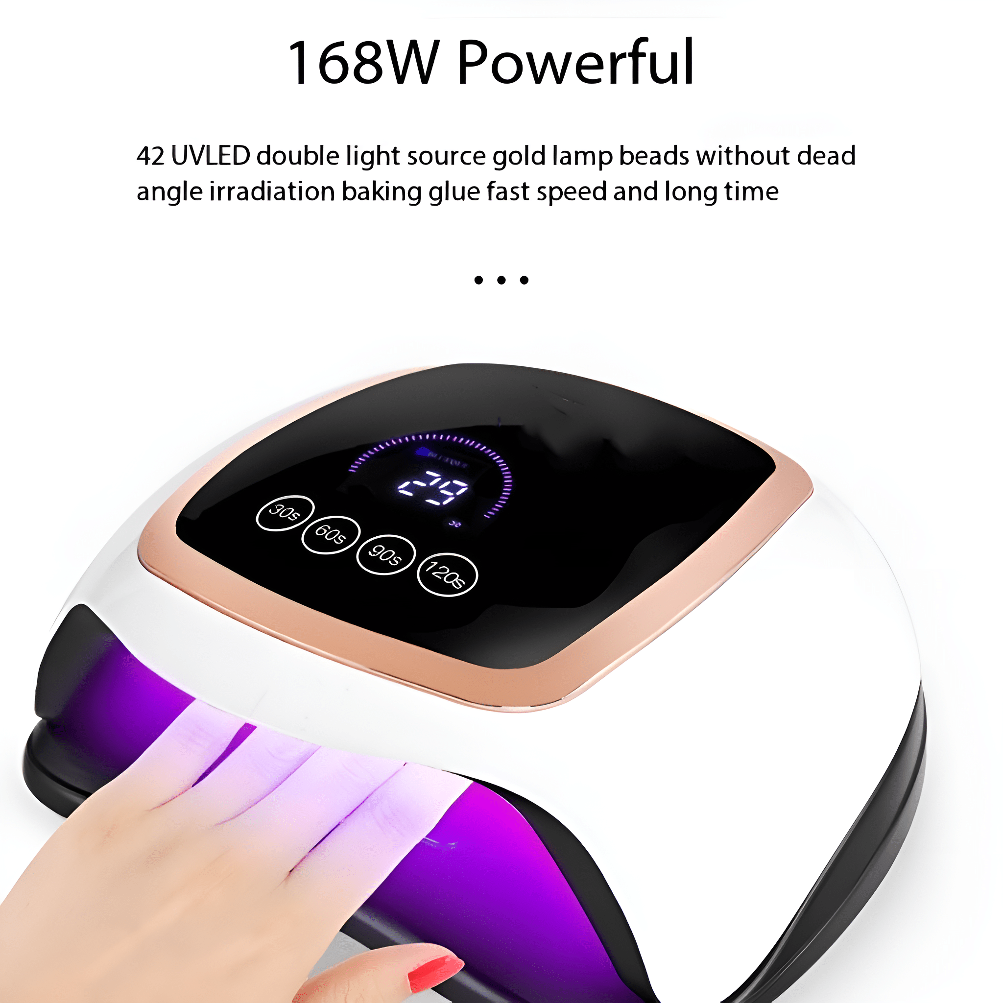 Nagellampe mit Hand, beleuchtet die Nägel. Zahlen auf der Lampe zeigen die Zeiteinstellungen an.