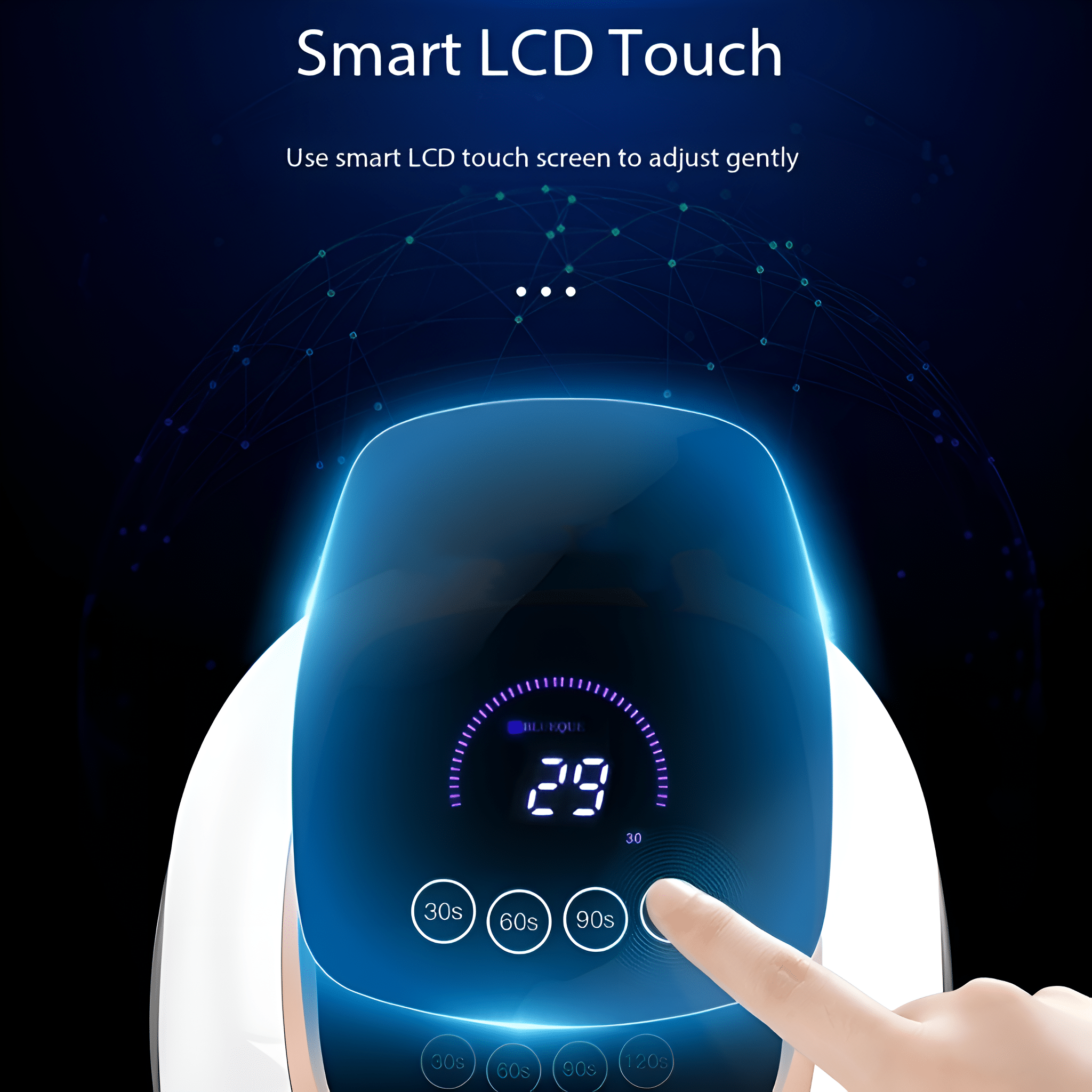 Blauer intelligenter LCD-Touchscreen. Eine Hand berührt den Bildschirm mit Zahlen und Knöpfen.