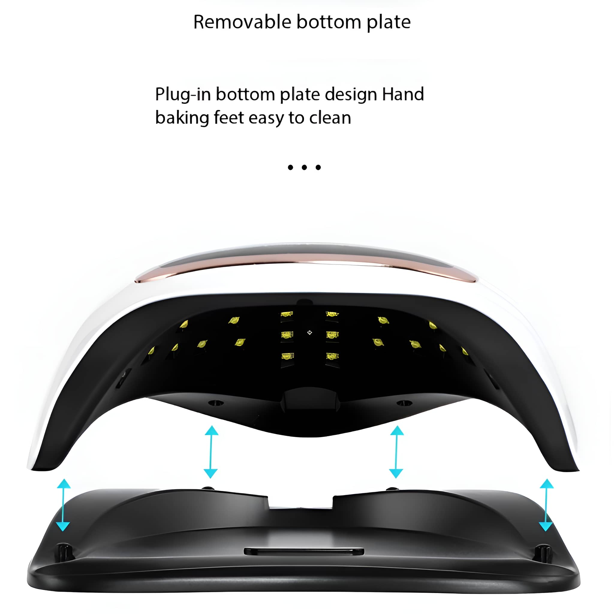 Weiß-schwarzer Nageltrockner mit abnehmbarer Bodenplatte. Pfeile zeigen das Platten-Design und die abnehmbare Funktion.