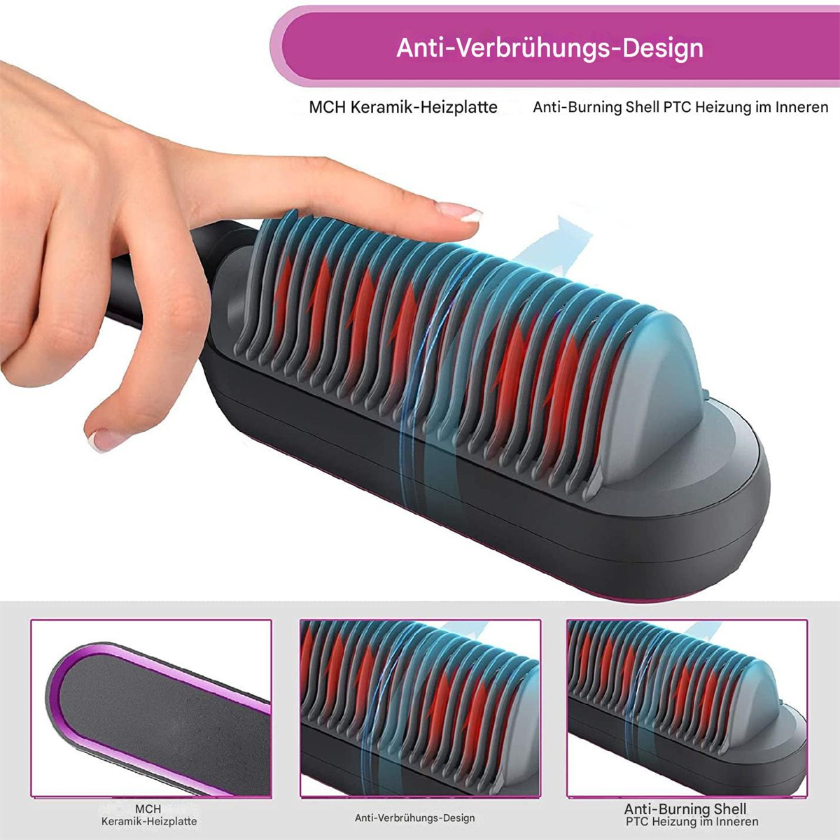 Eine Hand berührt einen Haarglätter, der Heizelemente und eine kühle Schale zeigt.