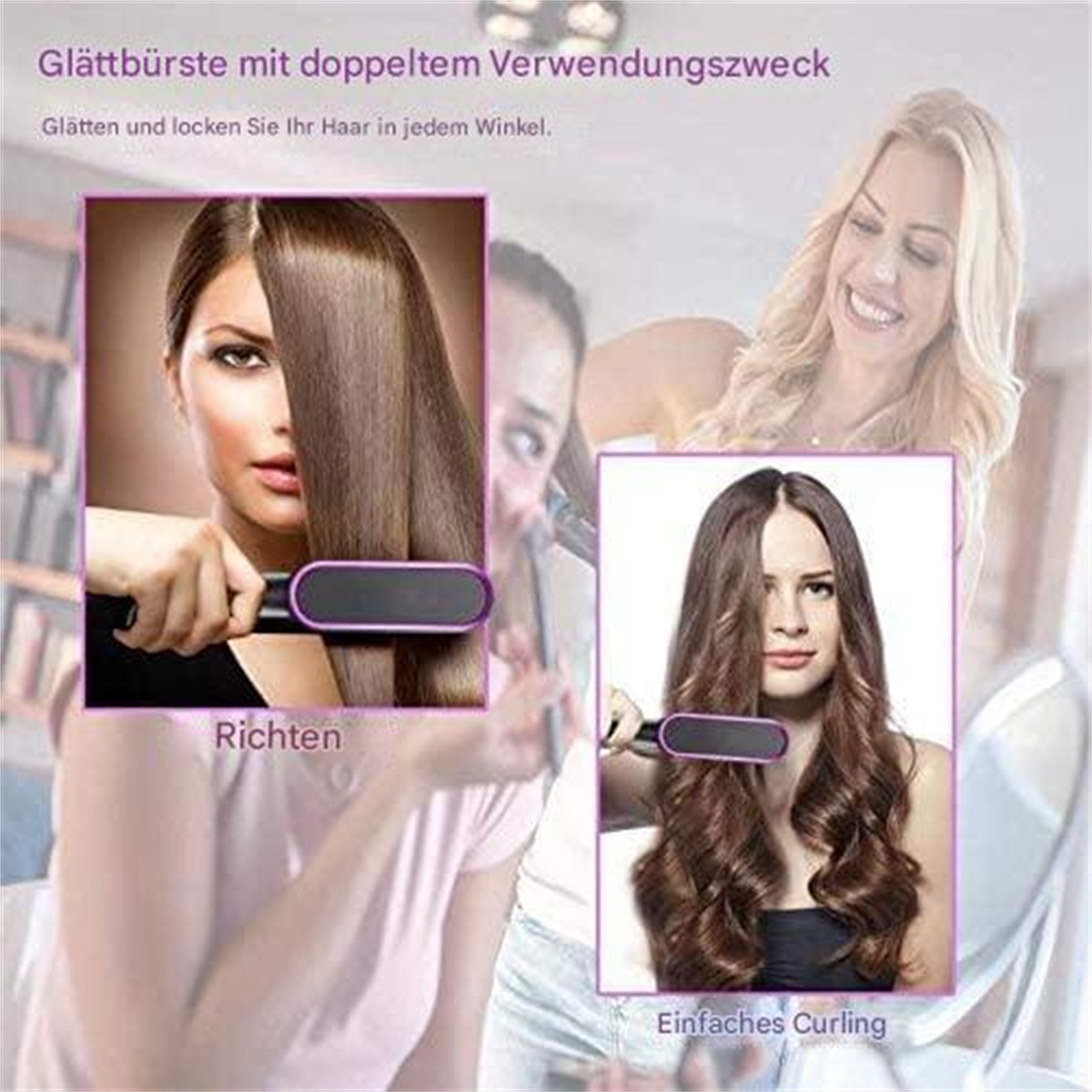 Frau, die eine Haarstylingbürste auf zwei Bildern verwendet.