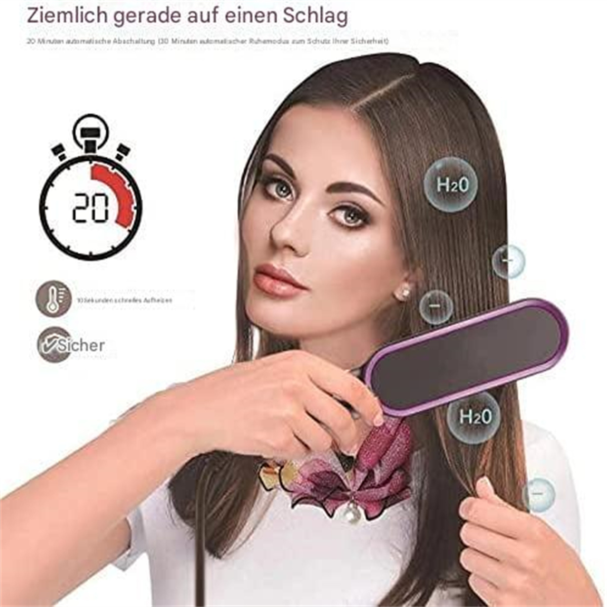 Frau hält Haarstyling-Werkzeug, Text und Symbole um eine Zeitschaltuhr, nah am Gesicht.