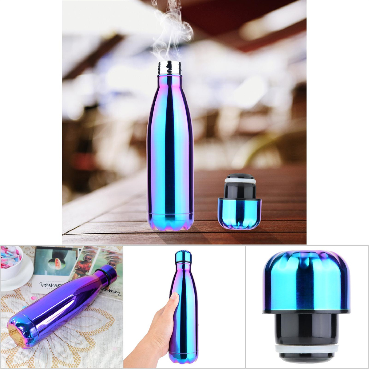 Eine metallische, schillernde Wasserflasche mit Dampf oben. Daneben liegt ein offener Deckel.