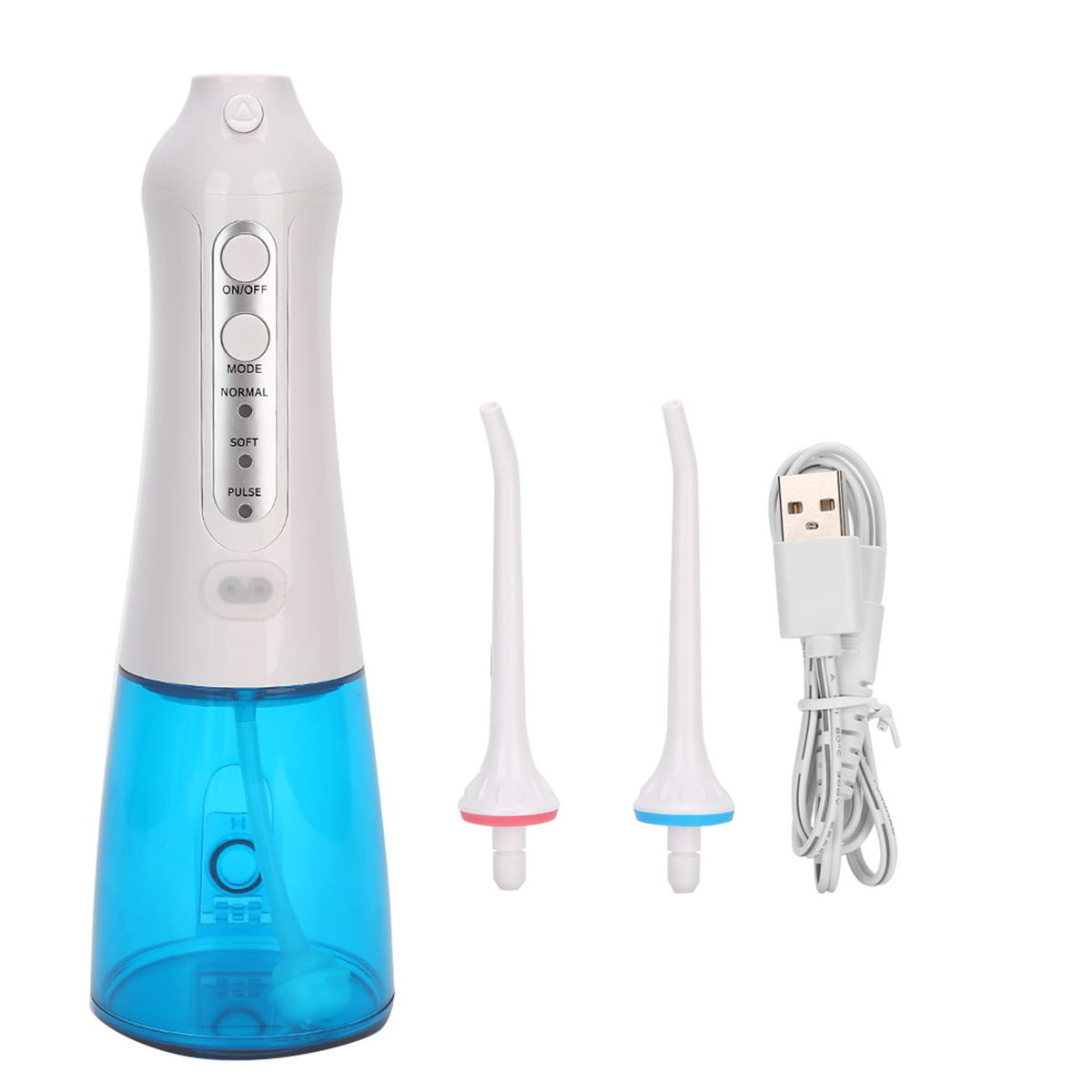 Ein weiß-blauer Munddusche mit Düsen und USB-Kabel. Das Gerät hat Knöpfe für verschiedene Modi.