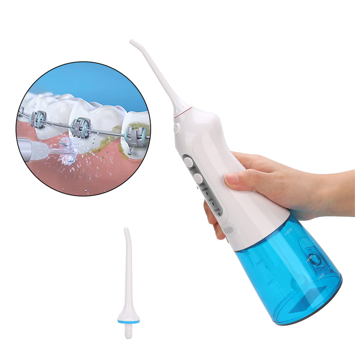 Weiß-blauer Wasserflosser mit Spitze. Ein Mund mit Zahnspange ist abgebildet.