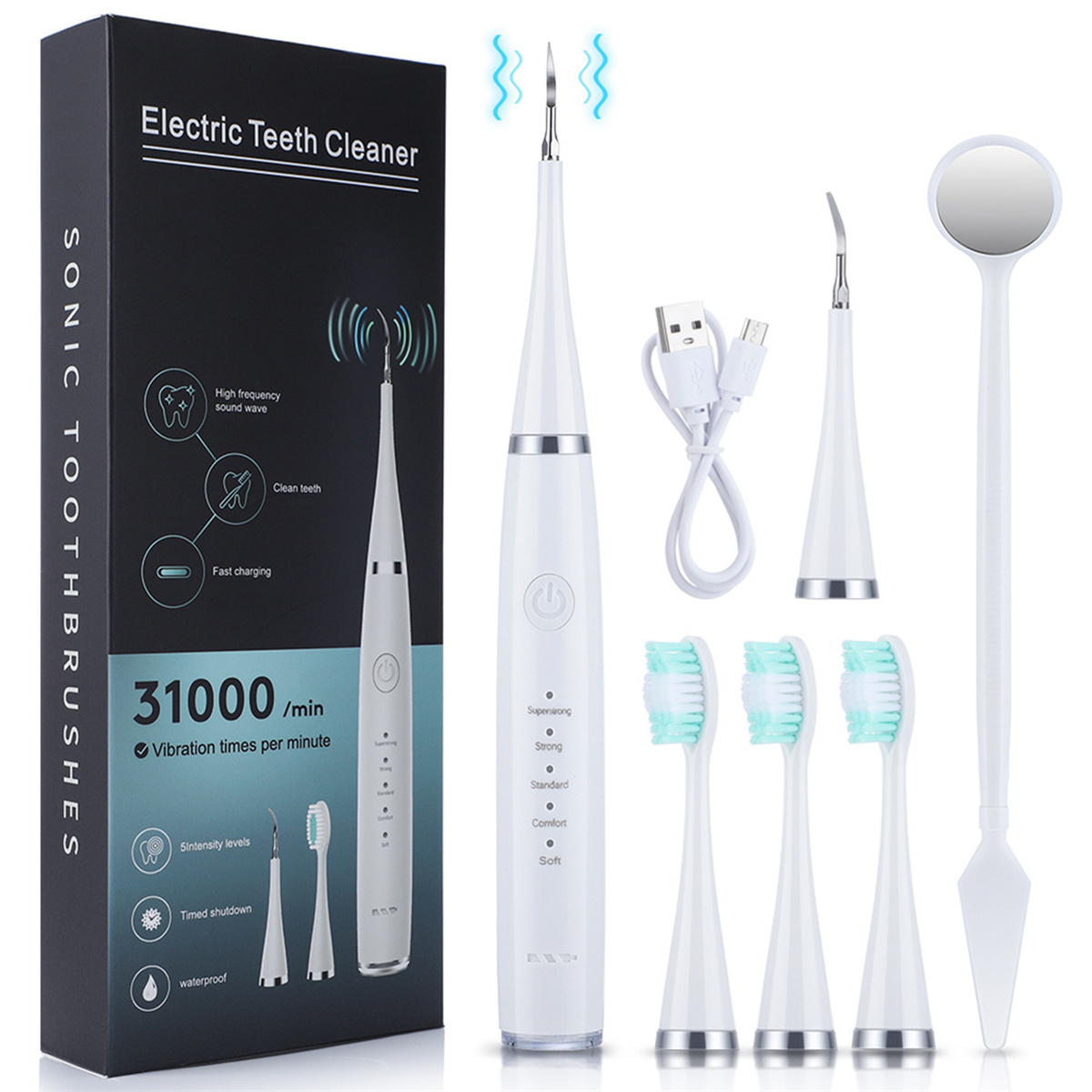Weißes elektrisches Zahnreinigungs-Kit mit mehreren Aufsätzen, USB-Kabel und Spiegel. Weißer Hintergrund.