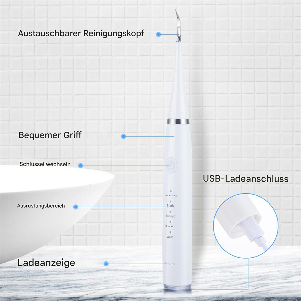 Eine weiße elektrische Zahnbürste mit Beschriftungen, die auf Teile und Funktionen zeigen, neben einem Waschbecken.