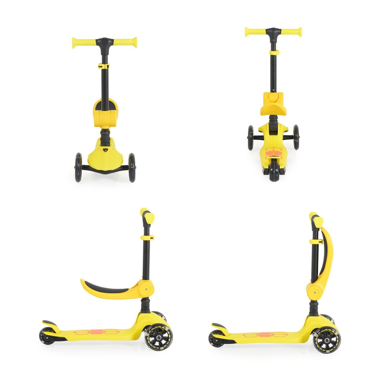Gelber Roller mit schwarzen Rädern und Lenker. Mehrere Ansichten: vorne, oben, Seite und abgewinkelte Seite auf weißem Hintergrund.