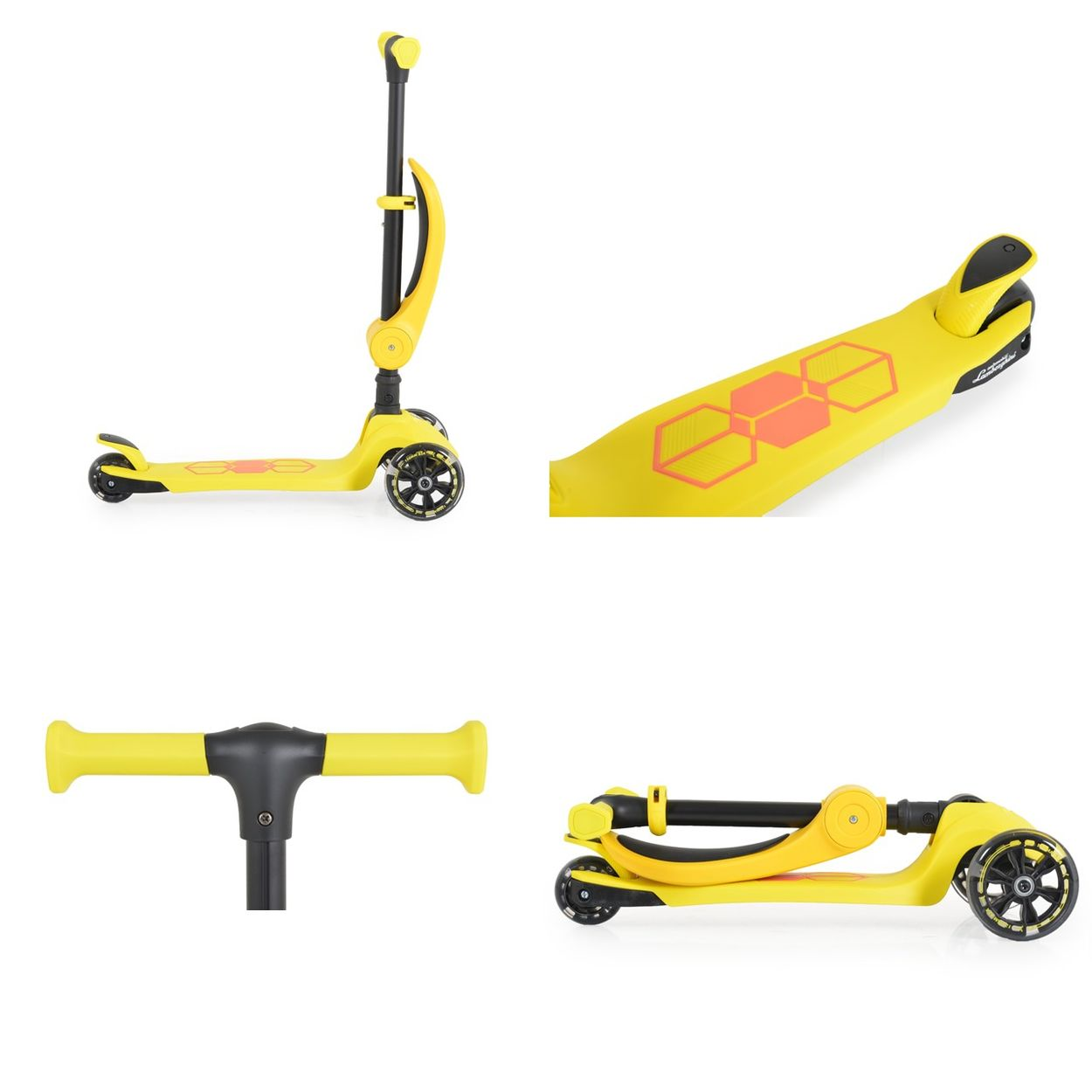 Gelber Roller mit schwarzen Rädern und Akzenten. Der Roller hat ein faltbares Design und orangefarbene geometrische Details auf dem Deck.