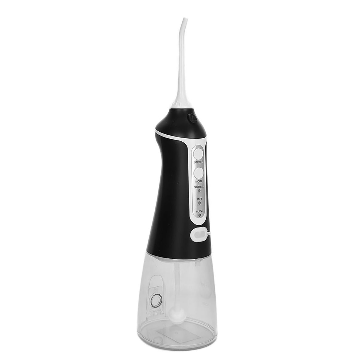 Ein schwarz-weißer Wasser-Flosser mit Knöpfen und einem durchsichtigen Reservoir.