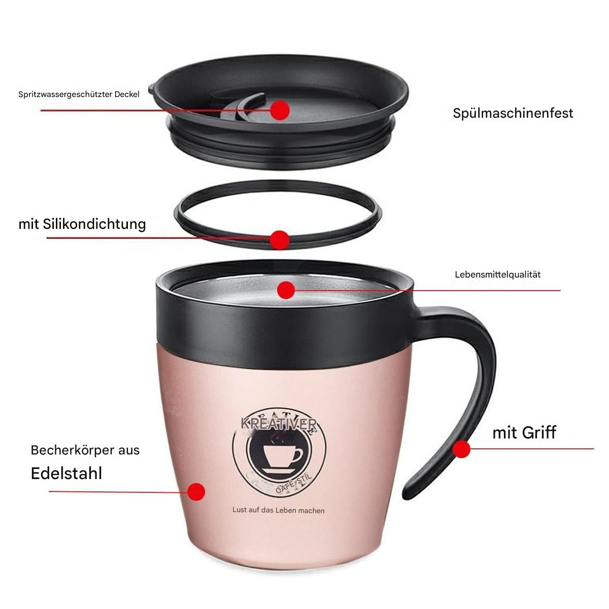 Roségoldfarbener Reisebecher mit getrennten Deckelkomponenten, mit deutschem Text.