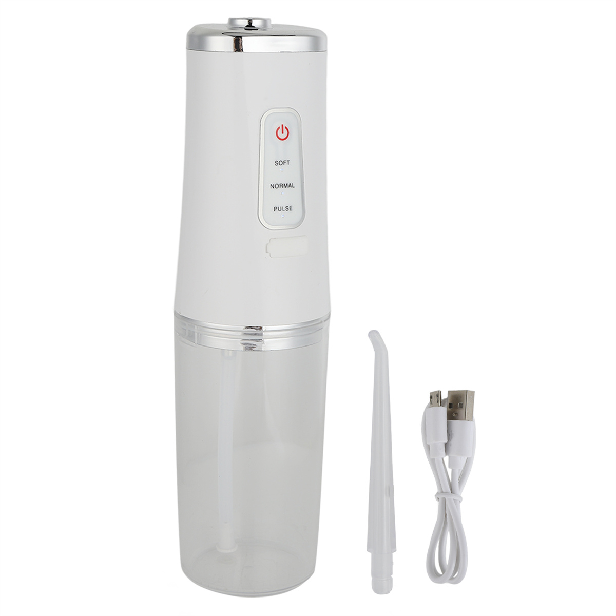 Weißer Munddusche mit Teilen, einschließlich USB-Kabel und Flosserköpfen.