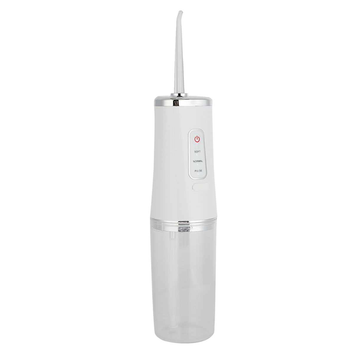 Weißer elektrischer Wasserflosser mit transparentem Wasserbehälter.