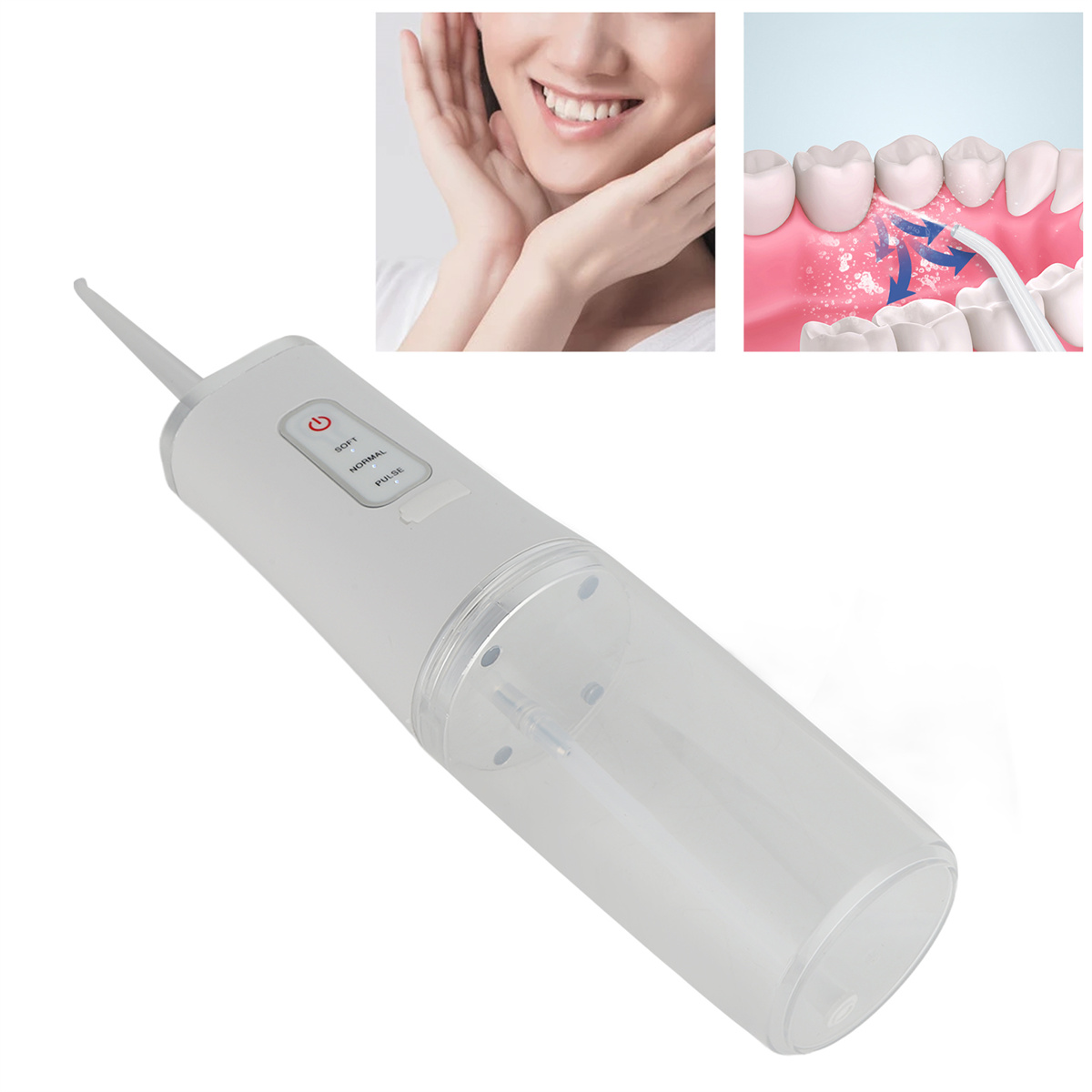 Weißer Wasser-Flosser mit Bildern von Zähnen. Weißer Hintergrund.