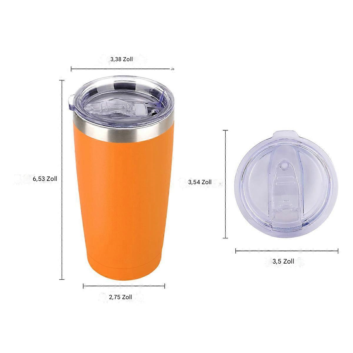 Orangener isolierter Becher mit Deckel. Maße sind angegeben. Deckel ist transparent.