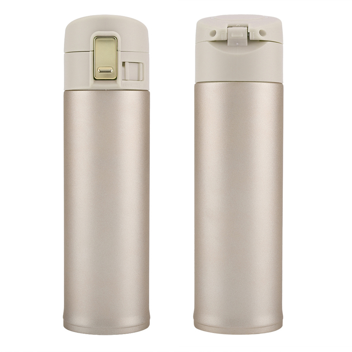 Zwei Thermosflaschen mit Metallic-Finish. Eine ist offen, die andere geschlossen. Beide beige.