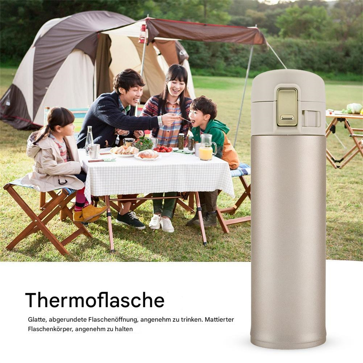 Familie am Tisch, im Freien essend, mit einer Thermoskanne im Vordergrund.