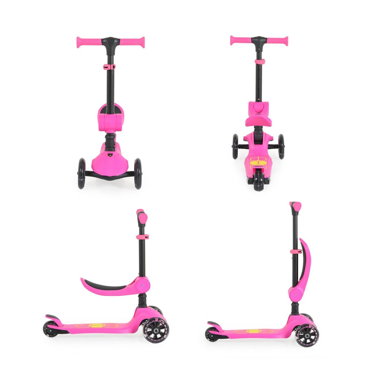 Rosa Roller in mehreren Ansichten: vorne, hinten, seitlich und gefaltet. Isoliert auf Weiß.