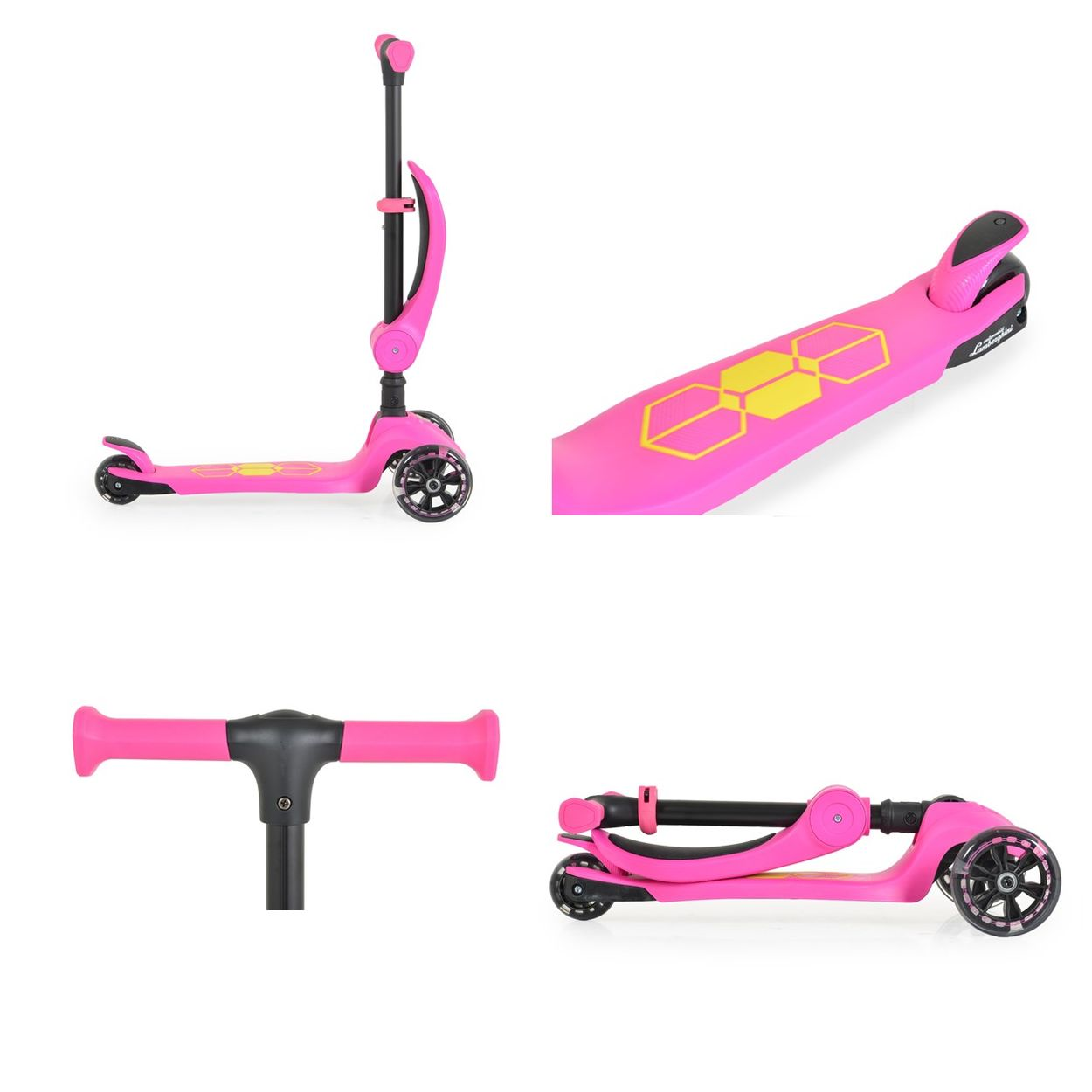 Pinkfarbener Roller mit schwarzen Details. Gelbes Sechseck-Design auf der Basis. Mehrere Ansichten: gefaltet, Griff und Details.