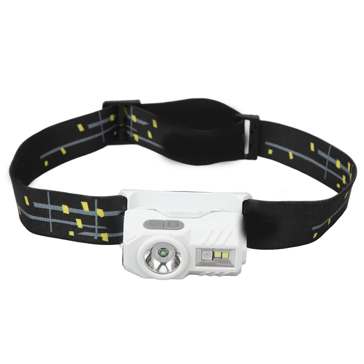 Weiße Stirnlampe mit schwarz-gelbem Gurt, Licht und Knöpfen, für Outdoor-Aktivitäten.