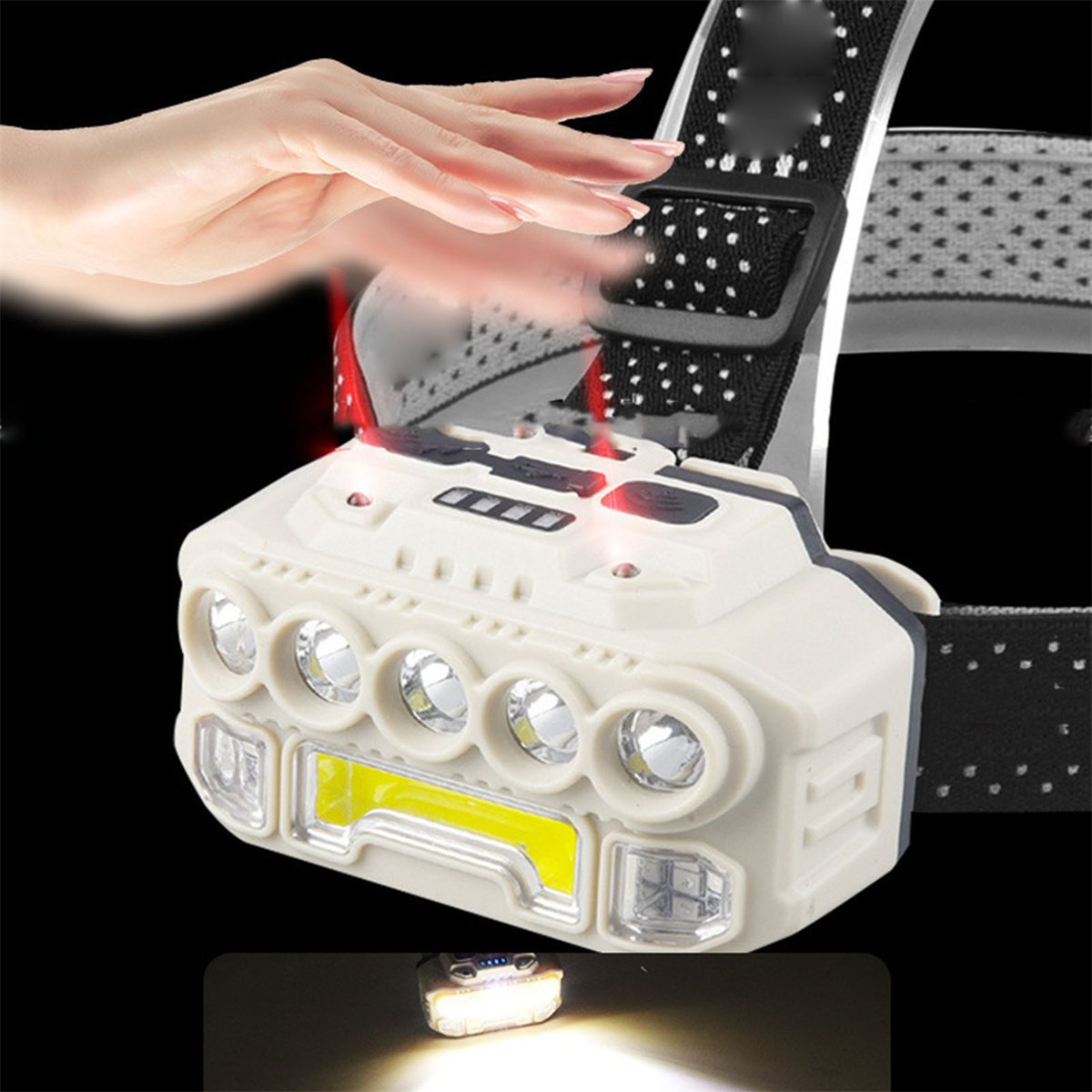 Eine weiße Stirnlampe mit mehreren LED-Leuchten und einer Hand, die auf das Licht zeigt.
