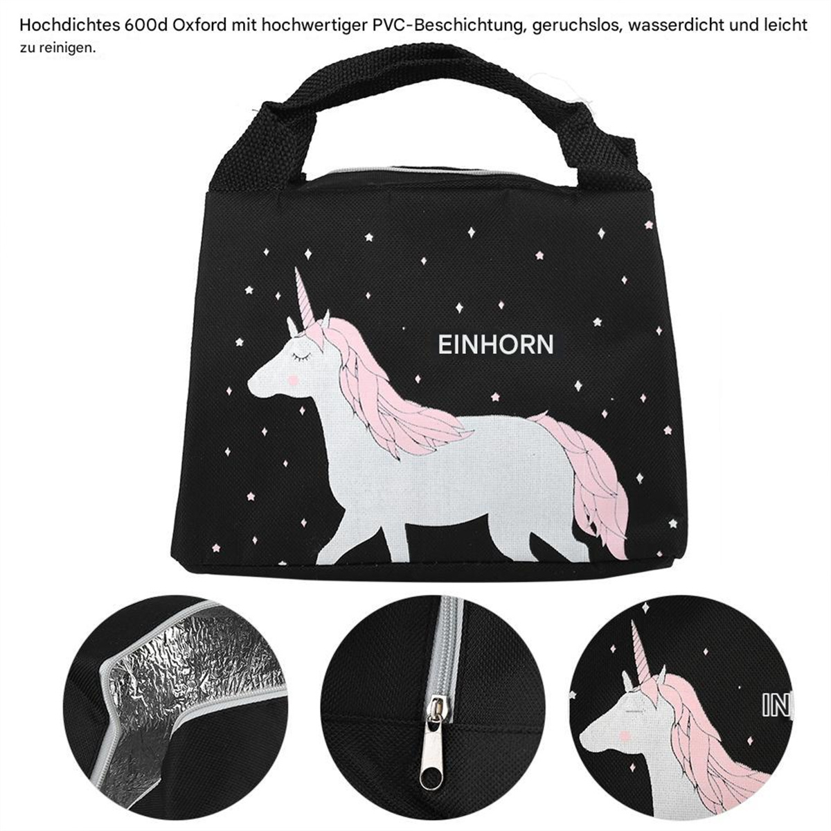 Schwarze Lunchtüte mit Einhorn-Design, Reißverschluss und Details.