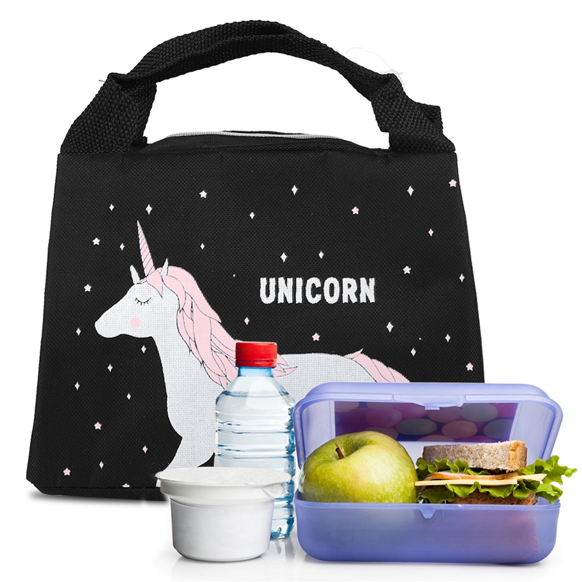 Schwarze Einhorn-Lunch-Tasche mit Lebensmitteln; Wasserflasche, Joghurt, Apfel und Sandwich.