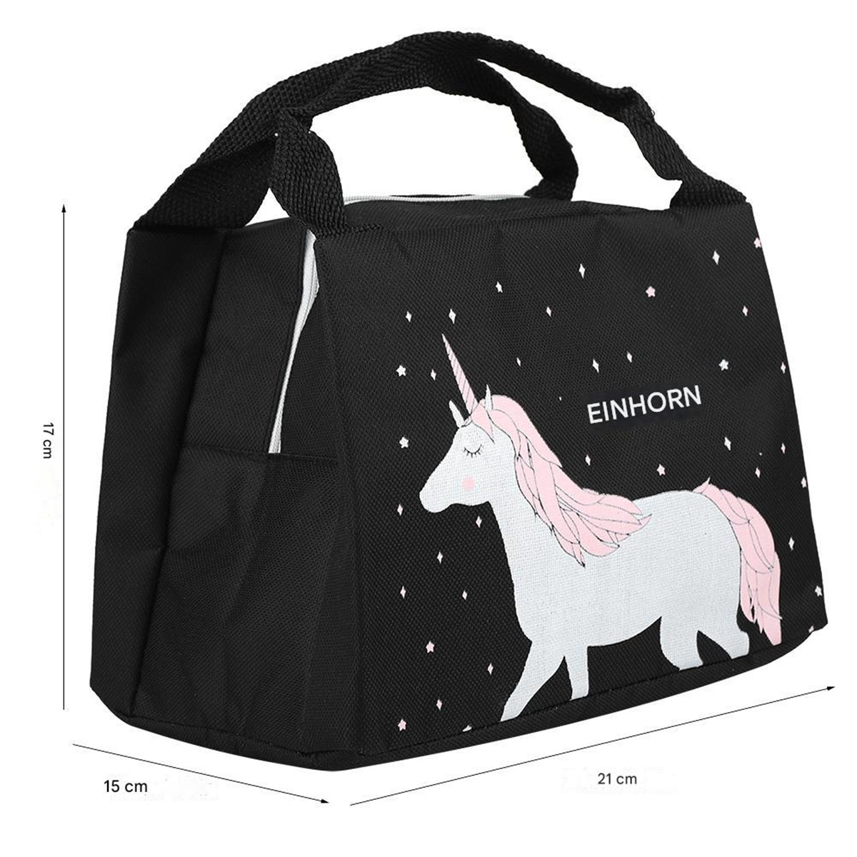Schwarze Lunch-Tasche mit Einhorn-Design und dem Wort "EINHORN". Maße sind 17cm x 21cm x 15cm.