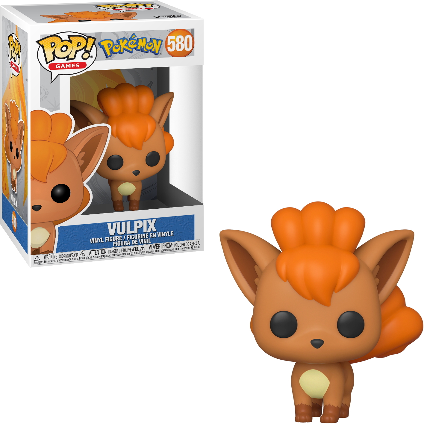 Vulpix-Figur in einer Box. Die Figur ist orange und braun. Box hat Text: POP! Pokémon 580 Vulpix.