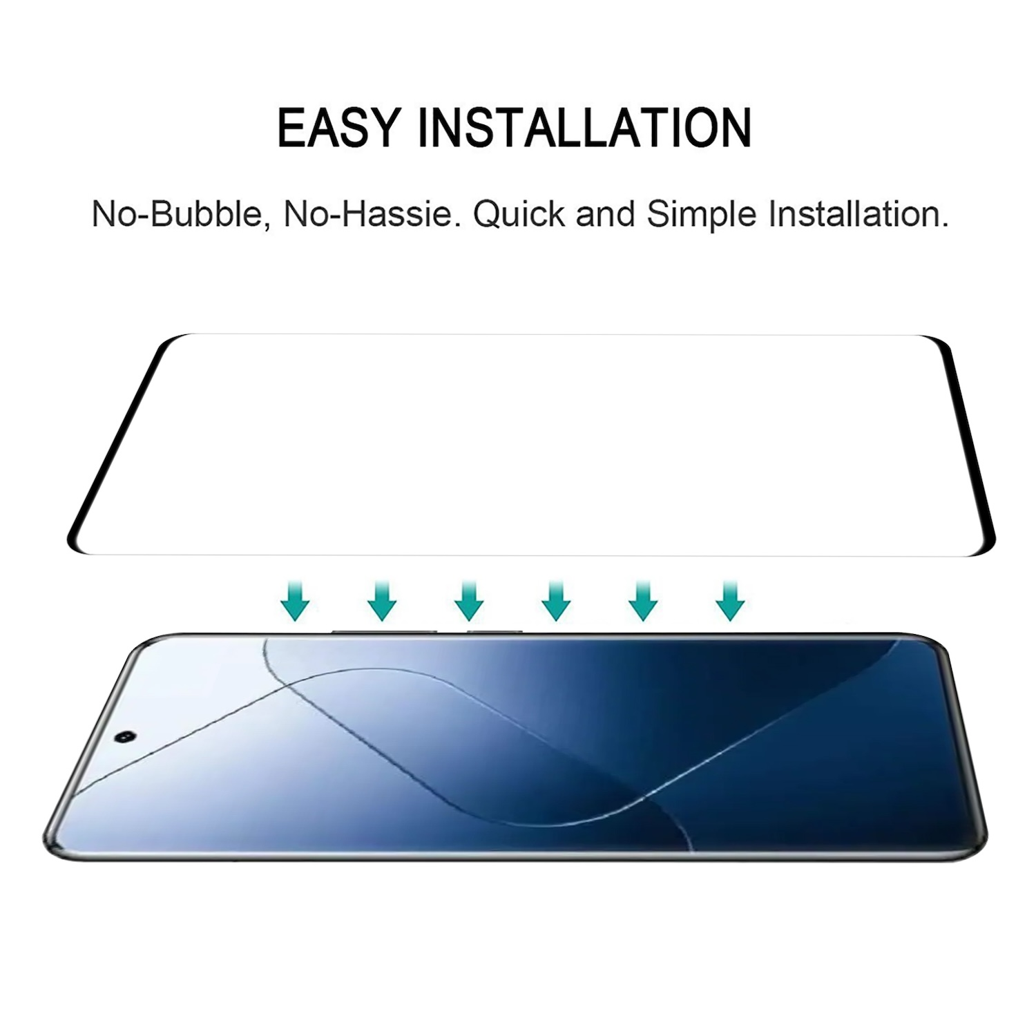 Un proteggi schermo viene applicato sullo schermo del telefono, con testo sull'installazione facile.