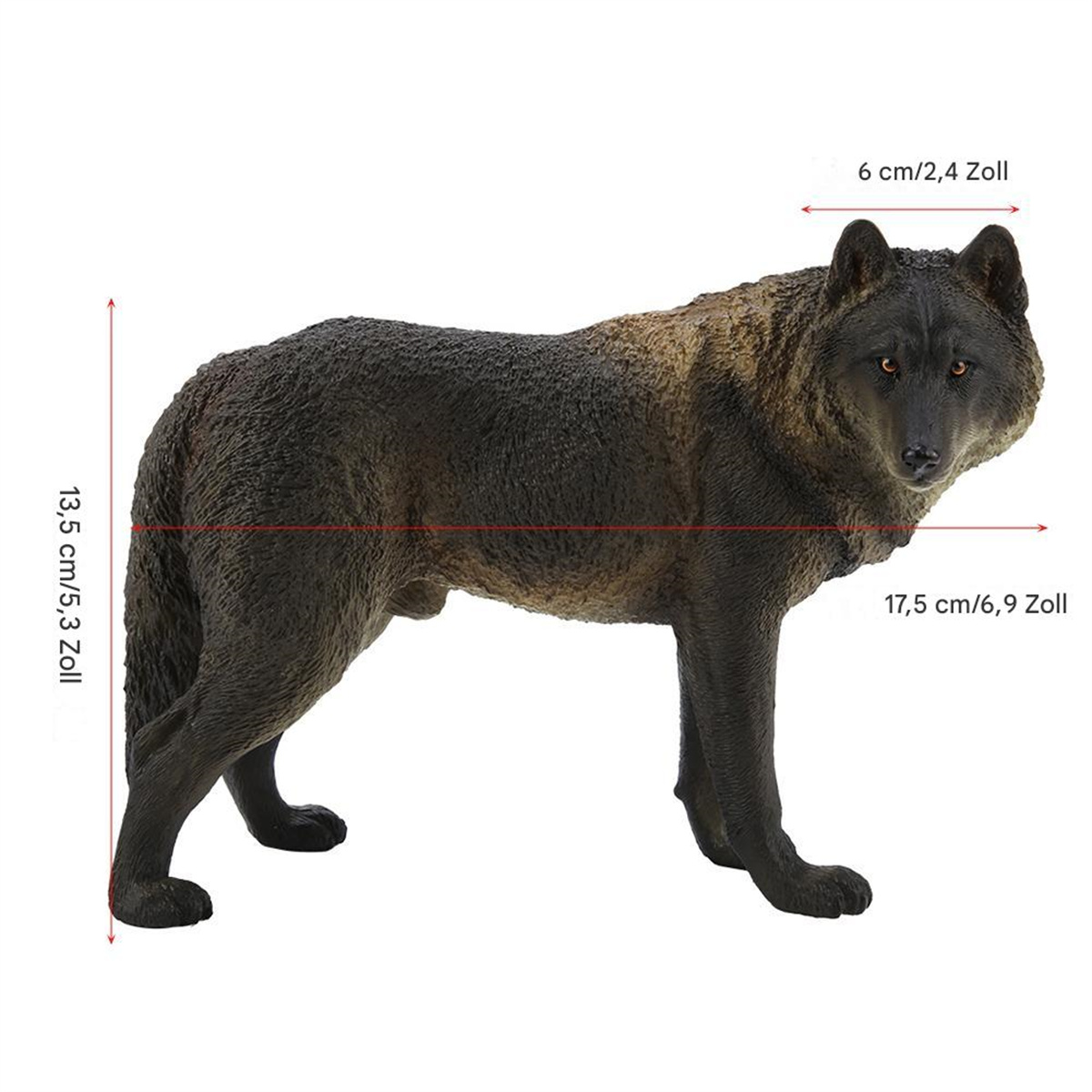 Eine Wolfsstatue mit markierten Abmessungen, die ein braunes und schwarzes Farbschema auf weißem Hintergrund zeigt.