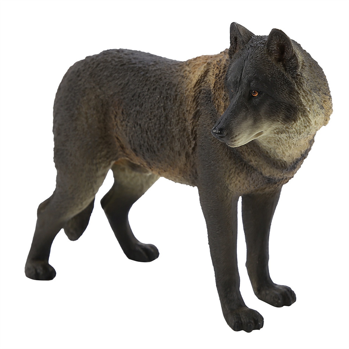 Wolf-Figur. Dunkelgraues Fell, braune Akzente. Weißer Hintergrund.