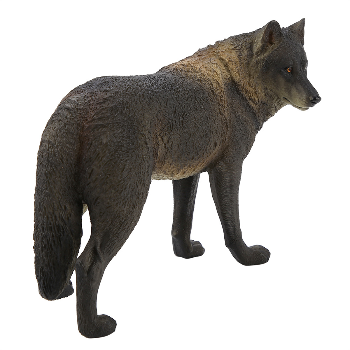 Wolf-Figur, dunkelbraun, stehend, nach rechts blickend. Fell-Details.