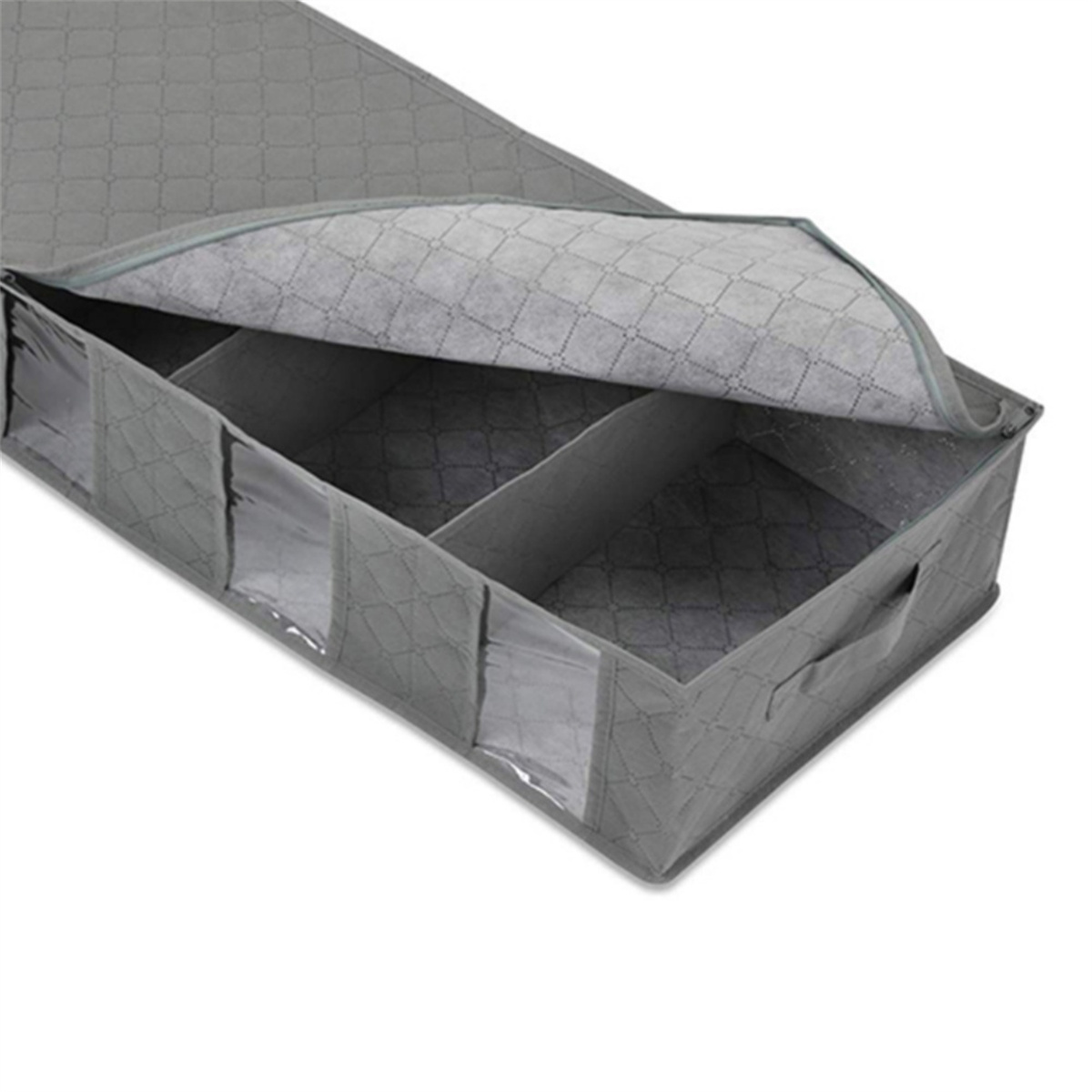 Eine graue Aufbewahrungsbox mit transparenten Fenstern und Trennwänden auf weißem Hintergrund.