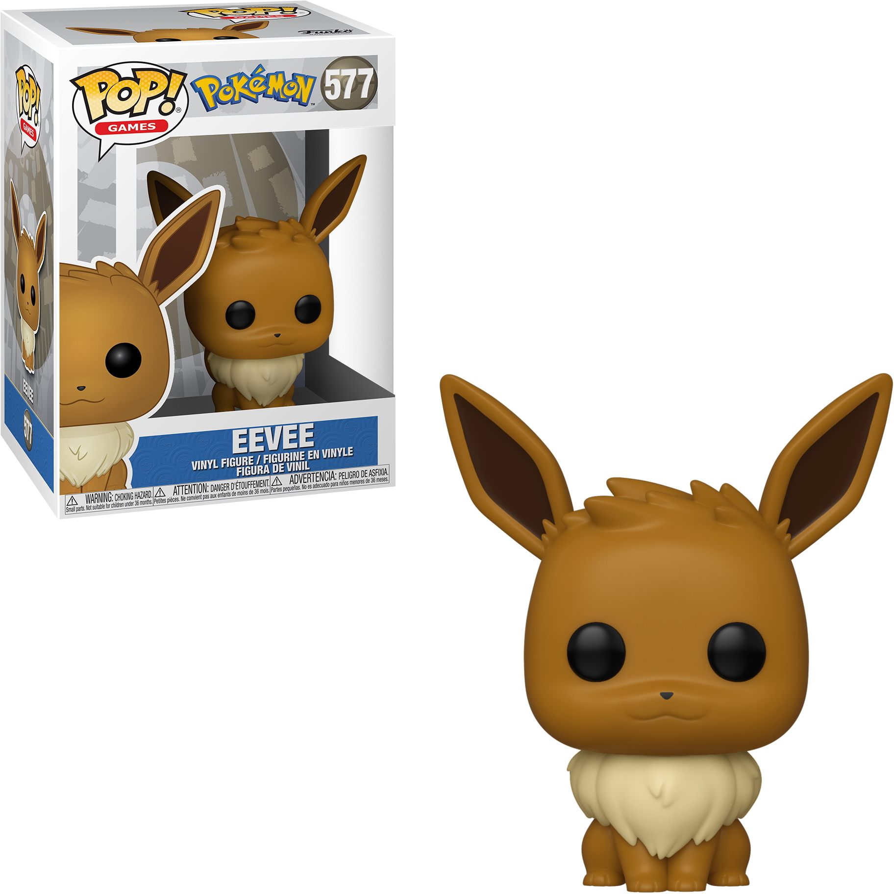 Eine Funko Pop Figur von Evoli in seiner Box. Die Figur ist braun und hat große Ohren.