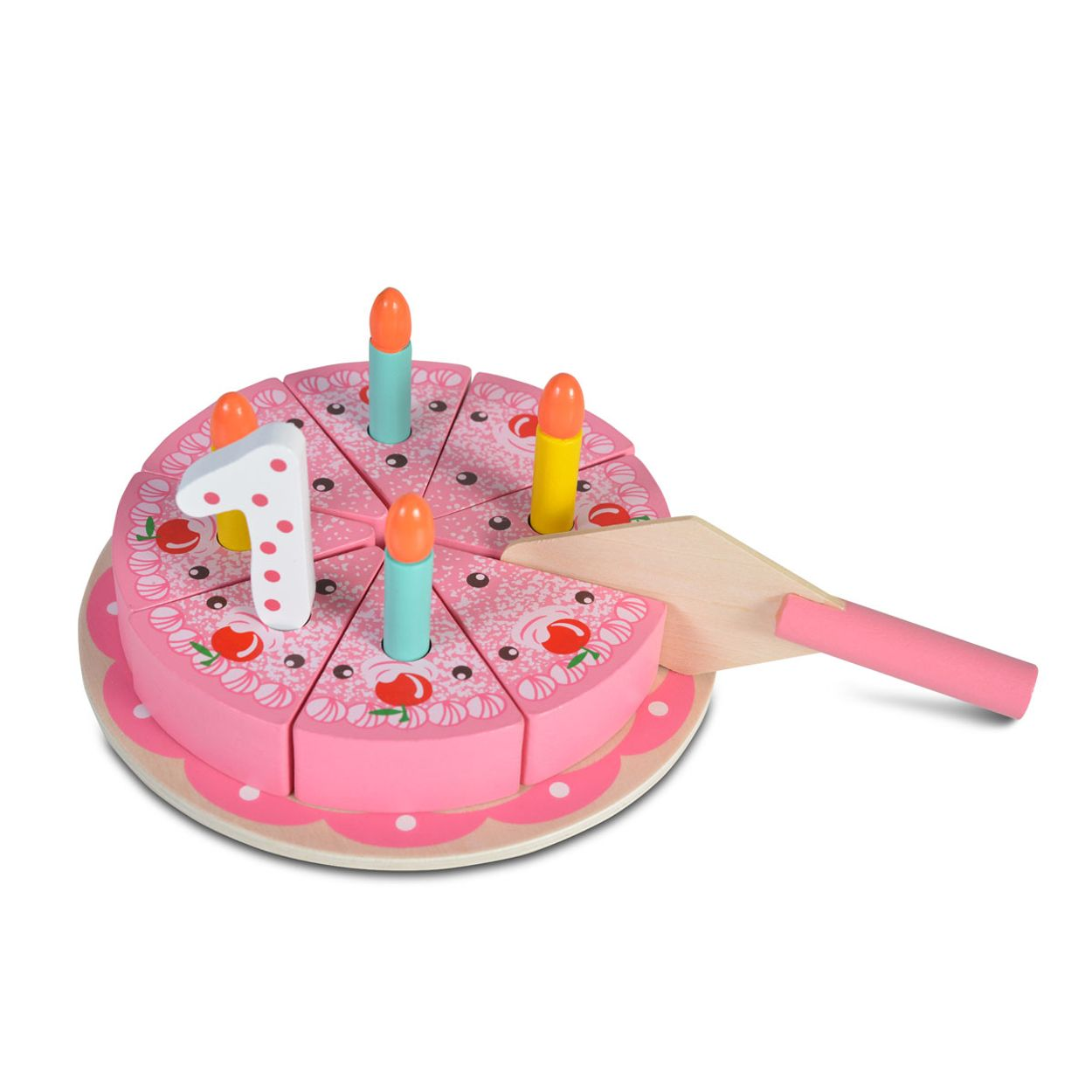 Una tarta de cumpleaños rosa de madera con velas y un número uno.