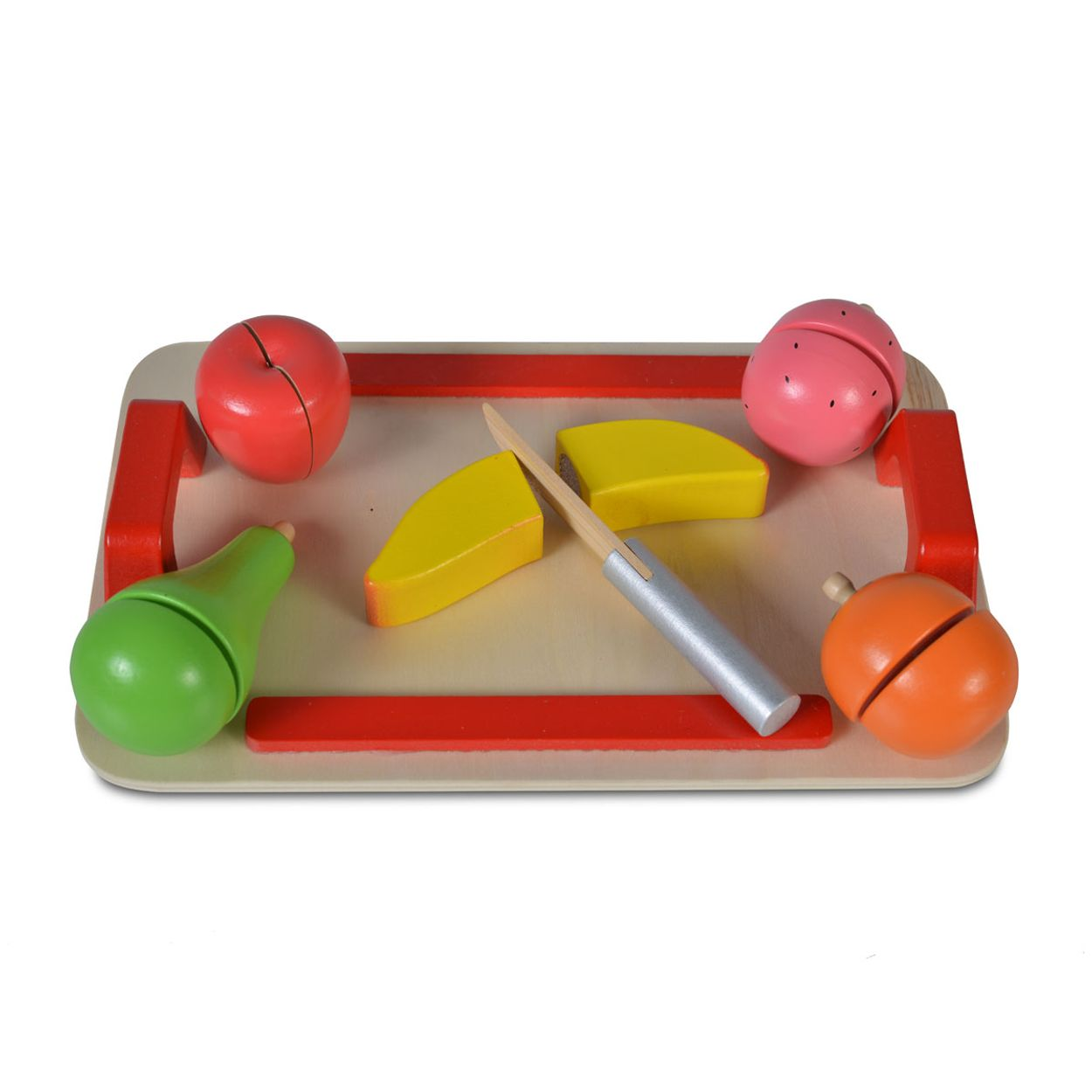 Holzspielzeug Essen auf einem Tablett: Apfel, Birne, Käse, Orange und Messer.