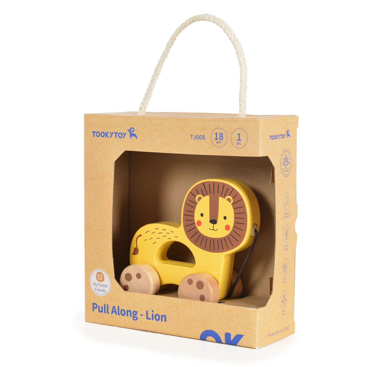 Gelbes Löwen-Spielzeug zum Ziehen in einer Box. Hat Räder und eine Schnur.