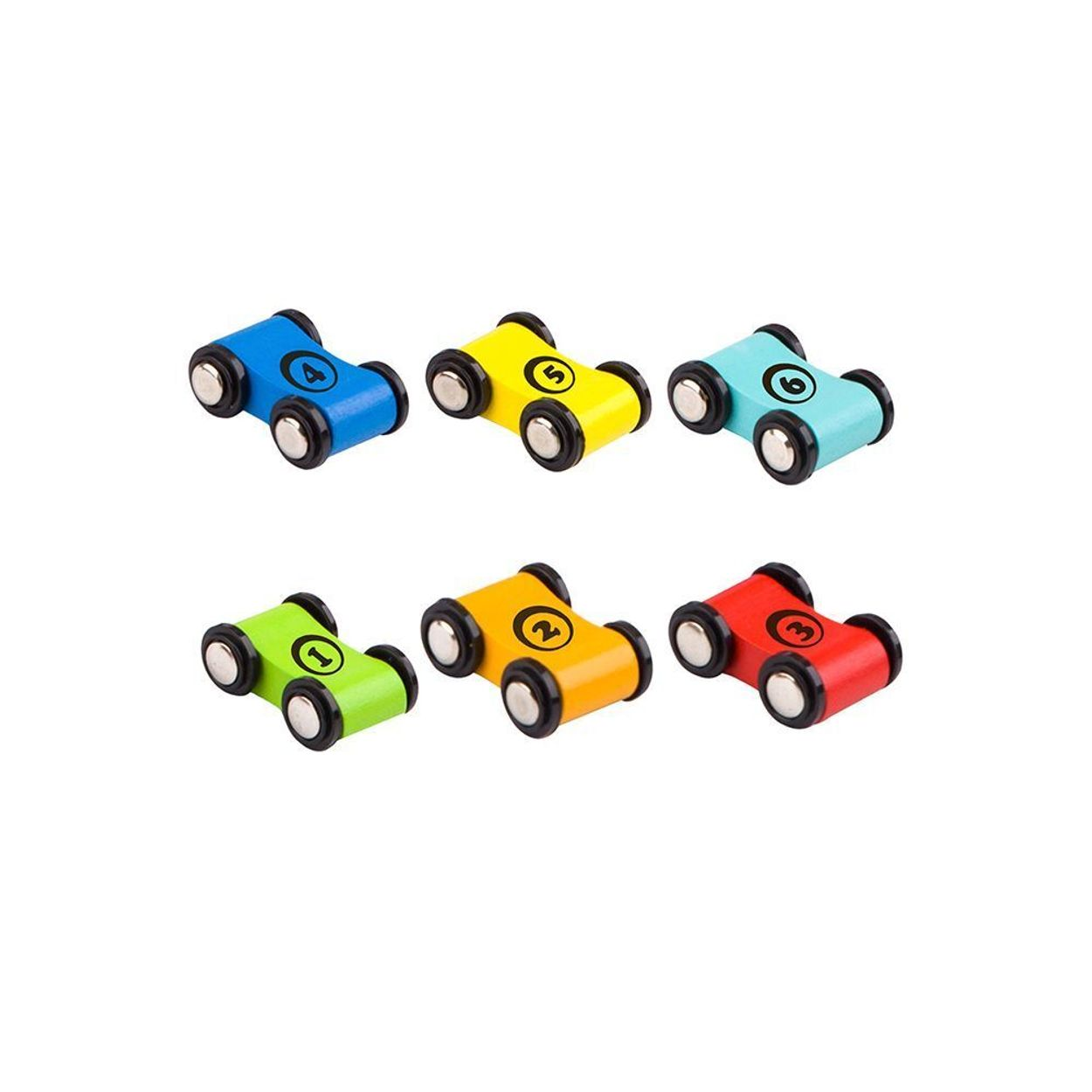 Sechs bunte Spielzeugautos. Jedes Auto hat eine Nummer von 1 bis 6 in verschiedenen Farben.