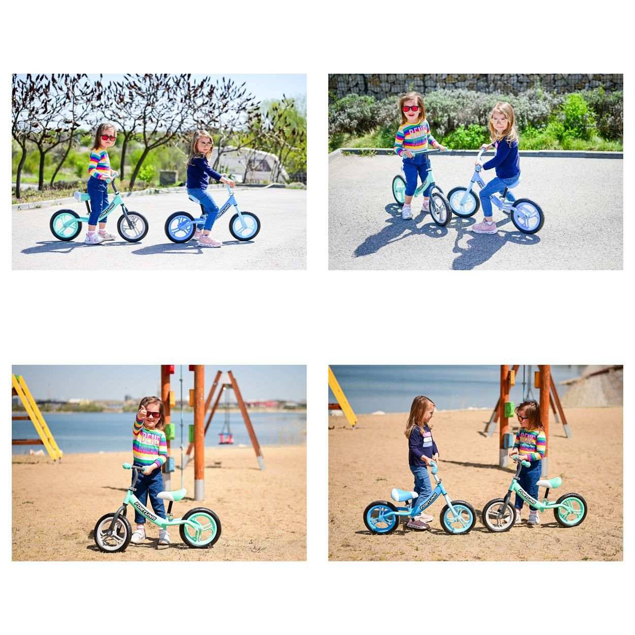 Vier Bilder von Kindern auf Laufrädern. Sie tragen Sonnenbrillen und fahren auf gepflastertem und sandigem Untergrund.