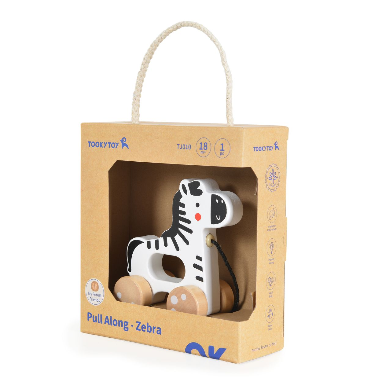 Holz-Zebra-Spielzeug in einer Box, mit Griff, beschriftet 'Pull Along - Zebra'.