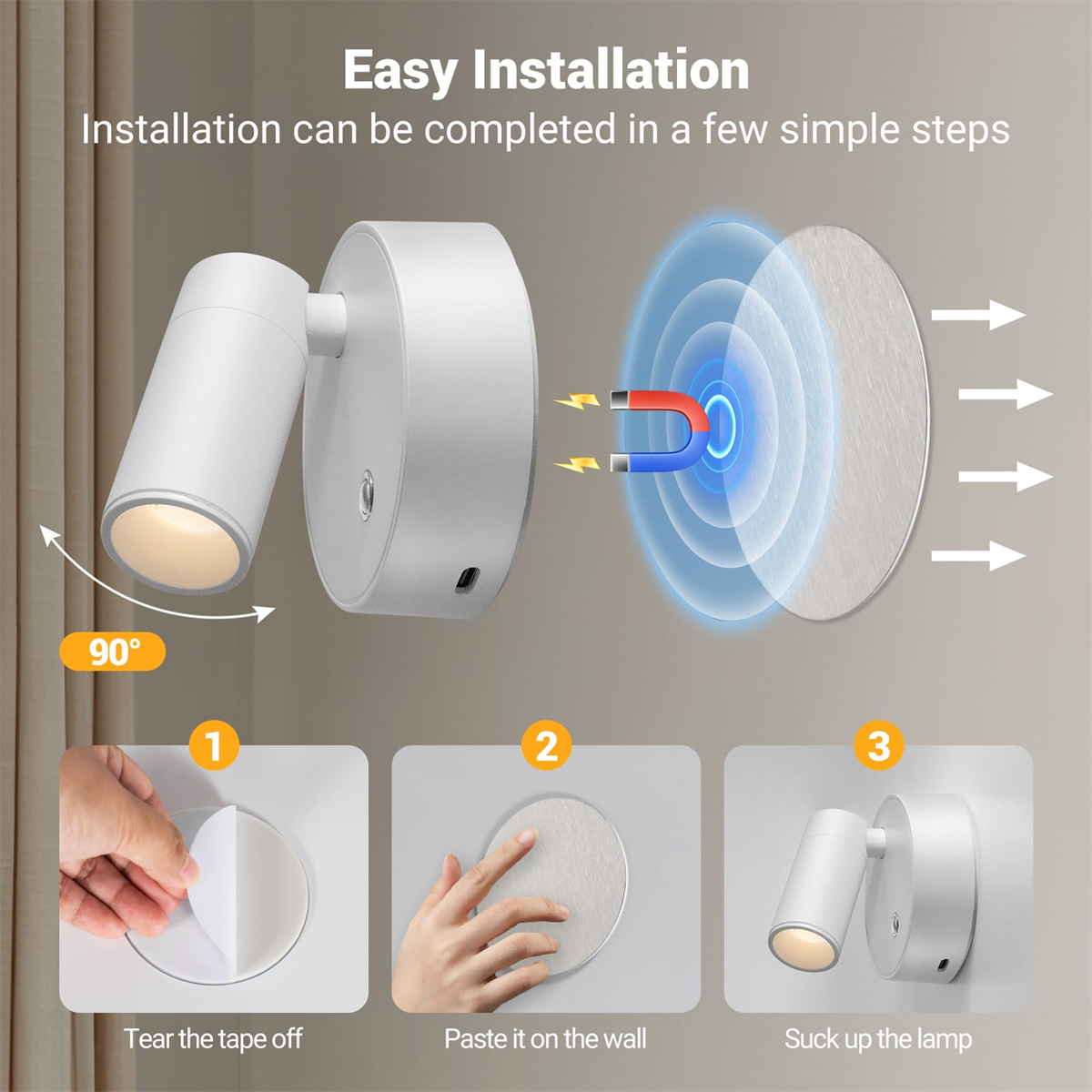 Schritte zur Wandlampeninstallation. Eine Hand zieht Klebeband ab, klebt es an die Wand, befestigt die Lampe.
