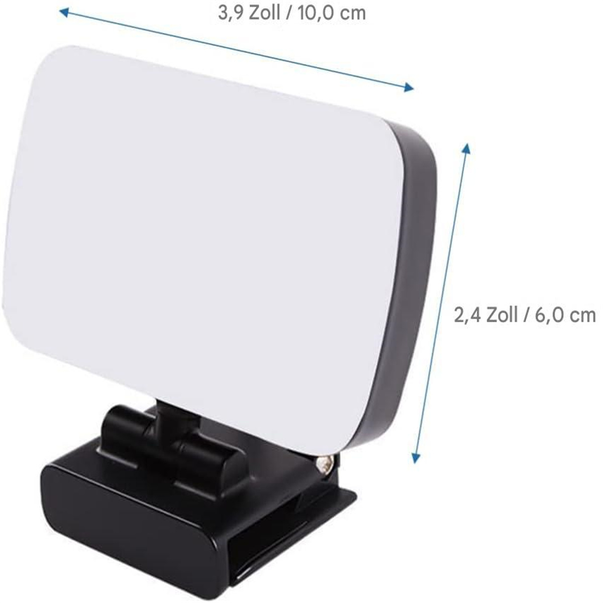 Weiße LED-Leuchte für eine Kamera. Abmessungen sind angegeben.