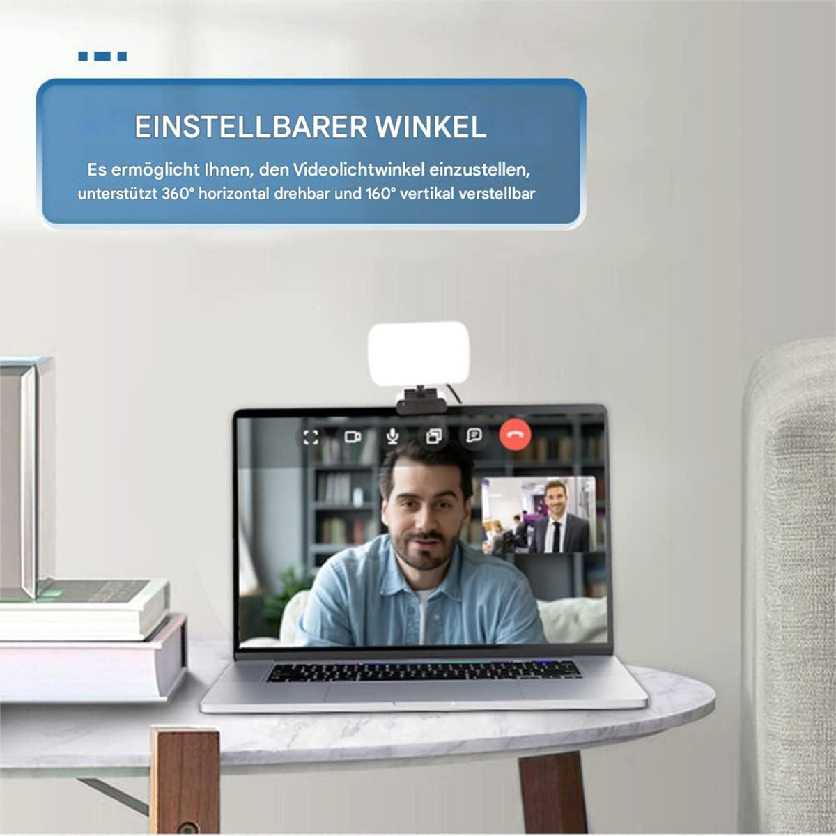 Ein Laptop mit Webcam, der zwei Personen in einem Videoanruf zeigt. Der Text lautet 'EINSTELLBARER WINKEL'.