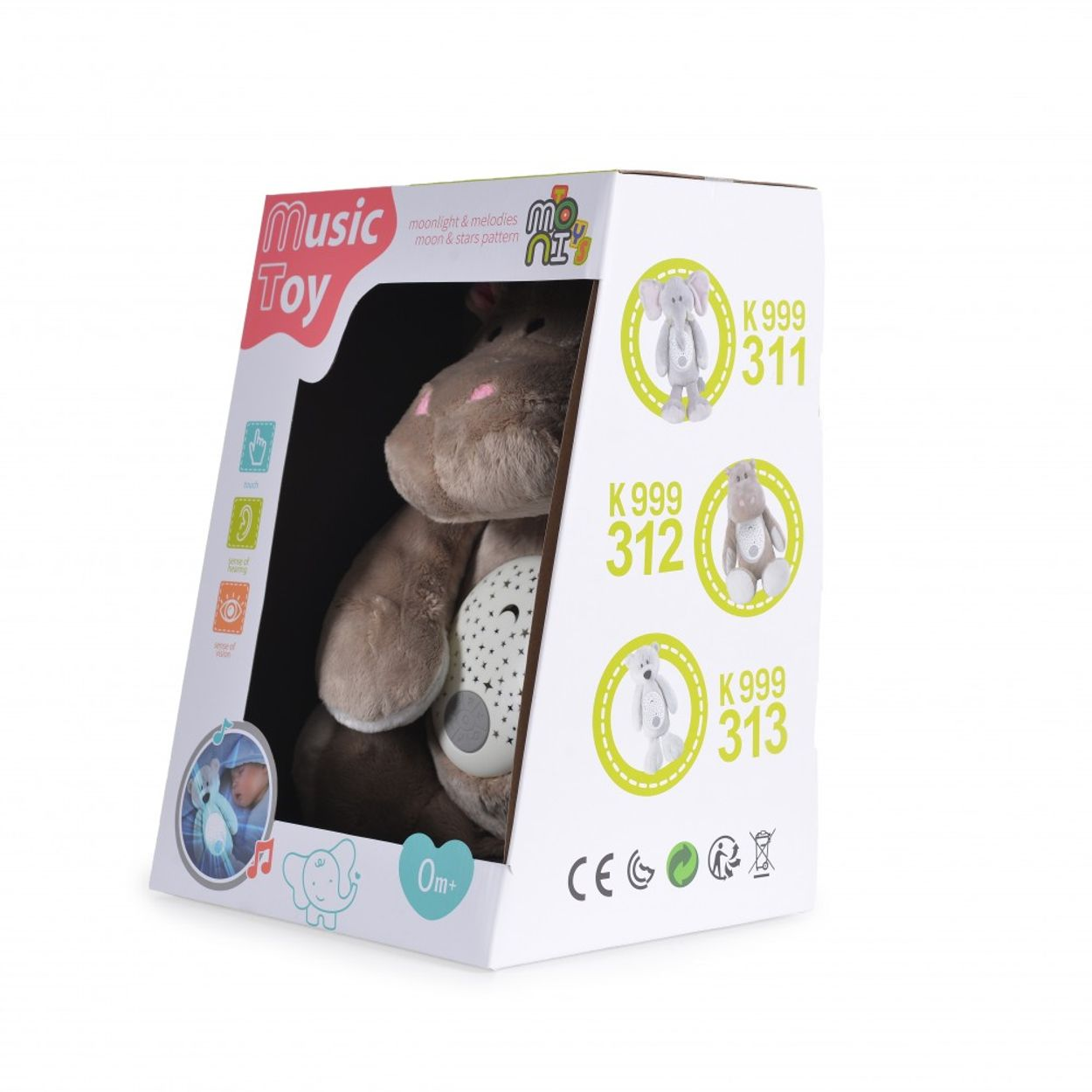 Juguete musical en caja. Peluche dentro con imágenes de animales e información del producto en la caja.