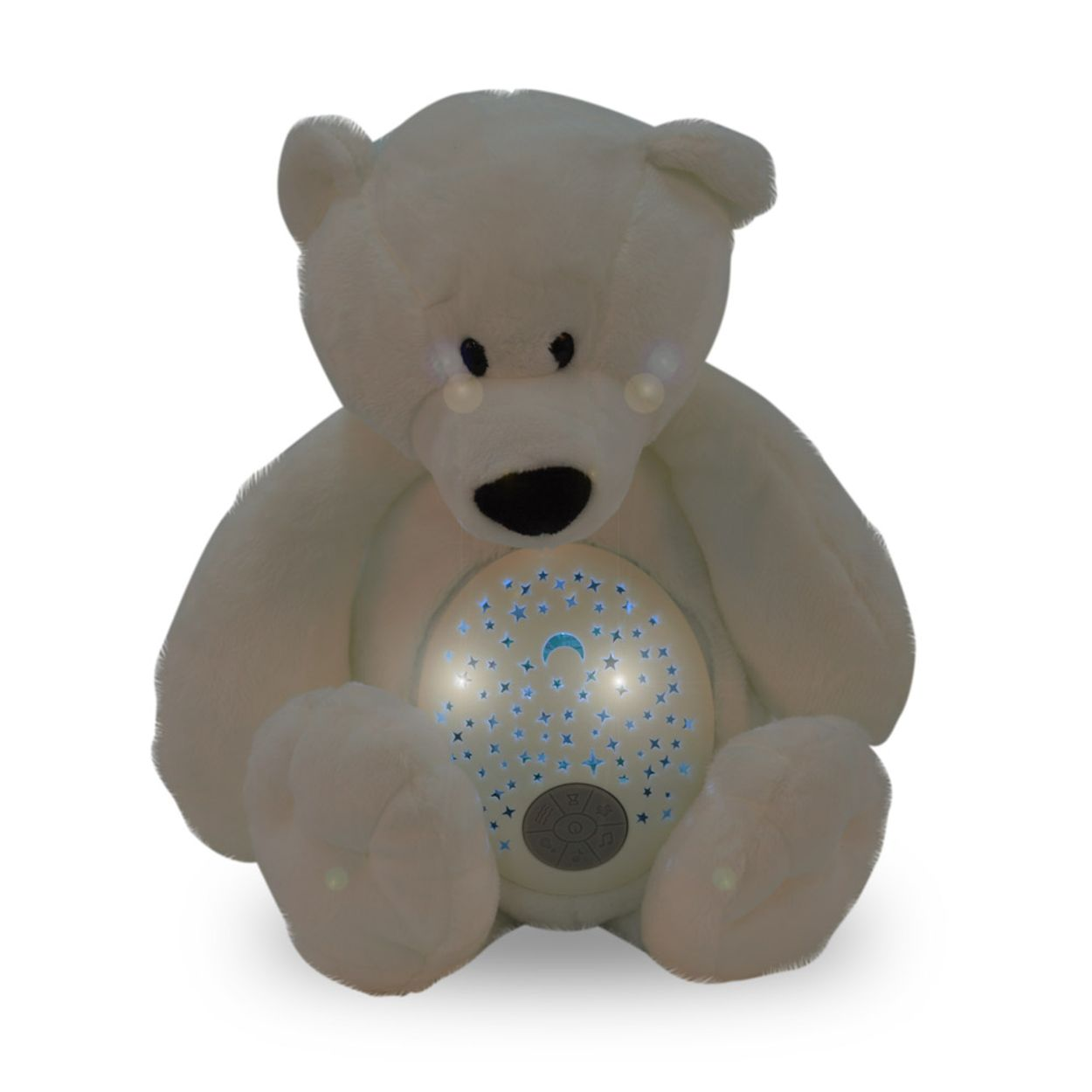 Oso de peluche blanco con una luz de noche proyectada en su estómago, emitiendo estrellas y una luna.